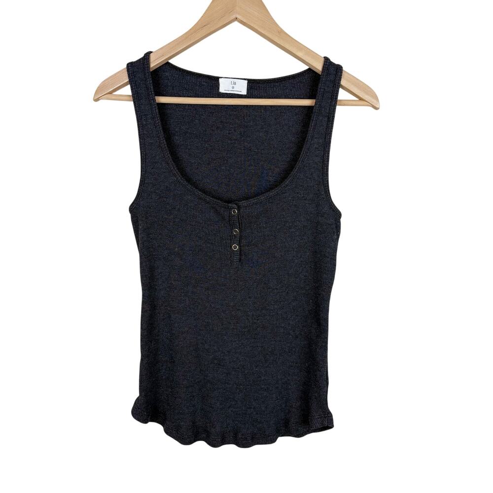 T.La Anthropologie Ribbed Henley Tank Top Gray Womens Size S Made in USA Casual